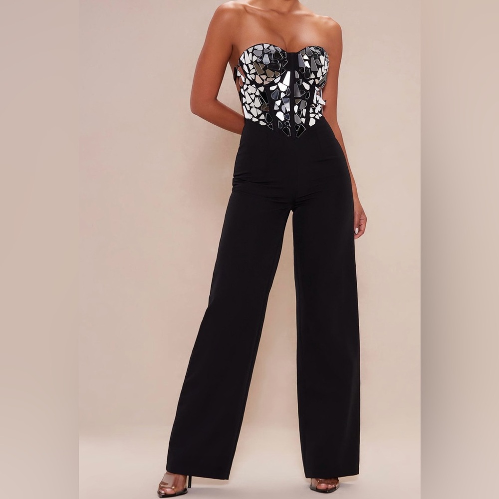 Fashion Nova Black Jumpsuit with Bold Print and Wide-Leg Design